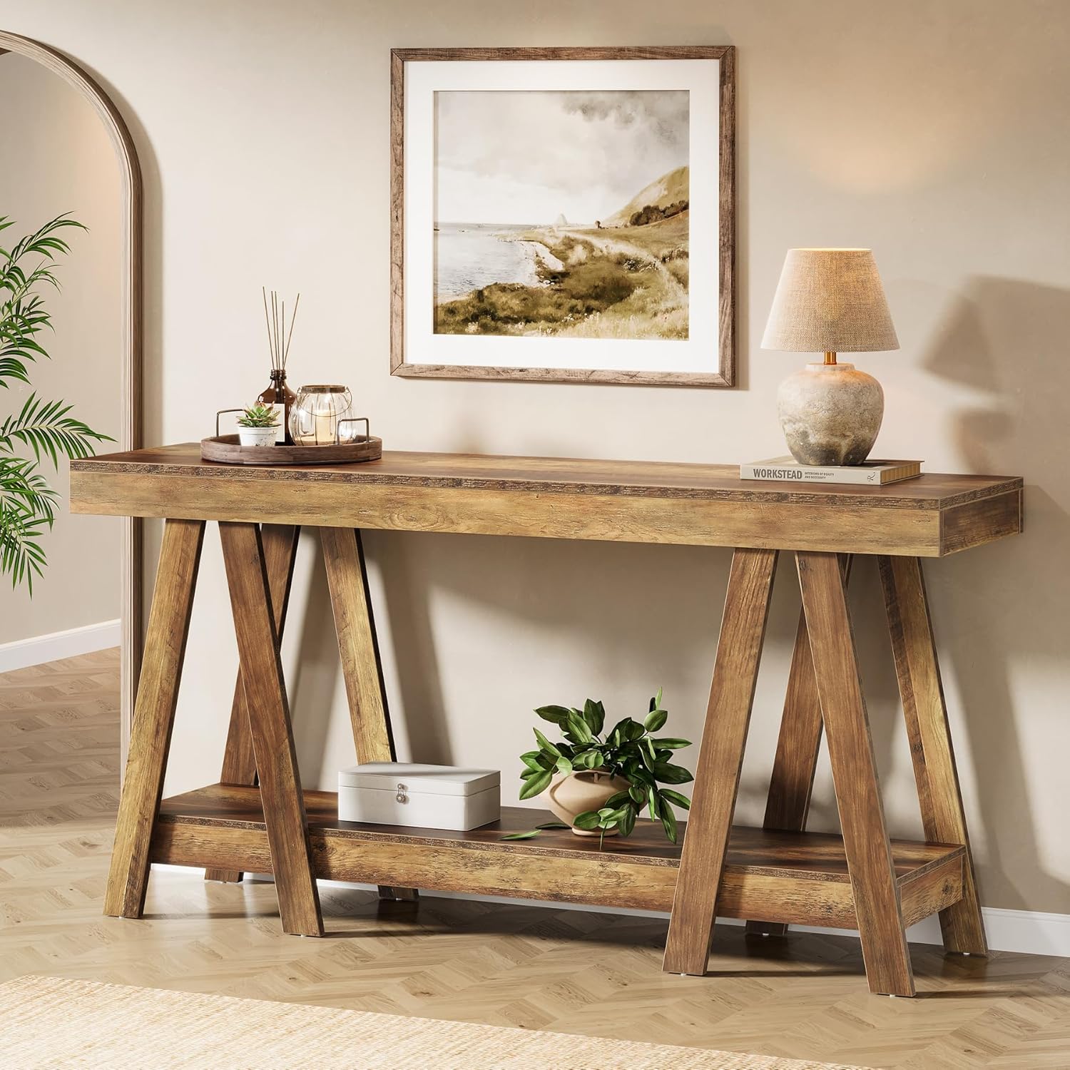 Tribesigns 140cm Farmhouse-Konsolentisch mit Stauraum, rustikaler brauner Sofatisch aus Holz für Eingangsbereich, Foyer, Flur, Wohnzimmer (Helles Eichenbraun)