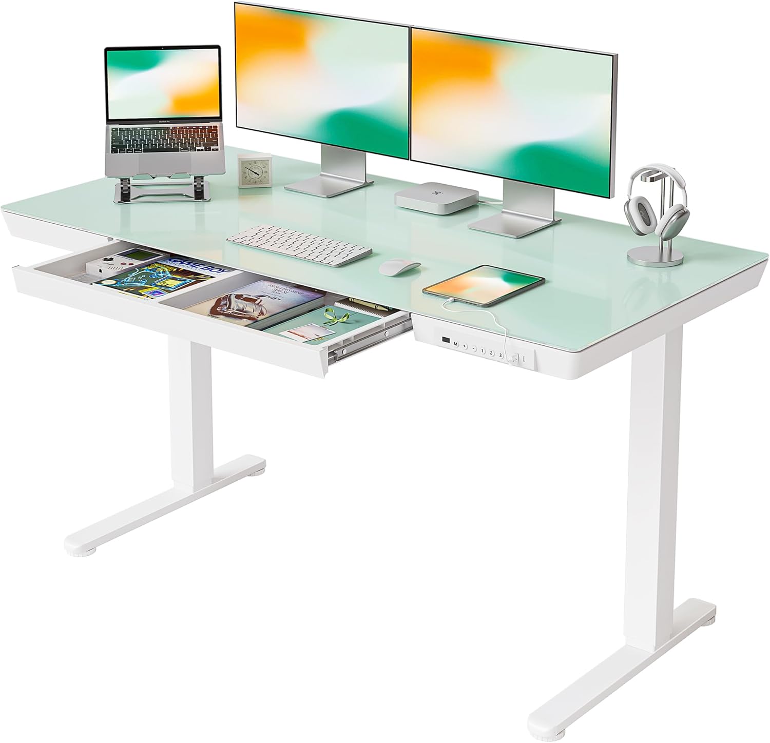 FEZIBO Elektrischer Stehschreibtisch mit Glasplatte, höhenverstellbar, 140 x 60 cm, Homeoffice-Tisch, mit USB-A- bis C-Ladeanschluss, Weißer Rahmen/Weiße Tischplatte