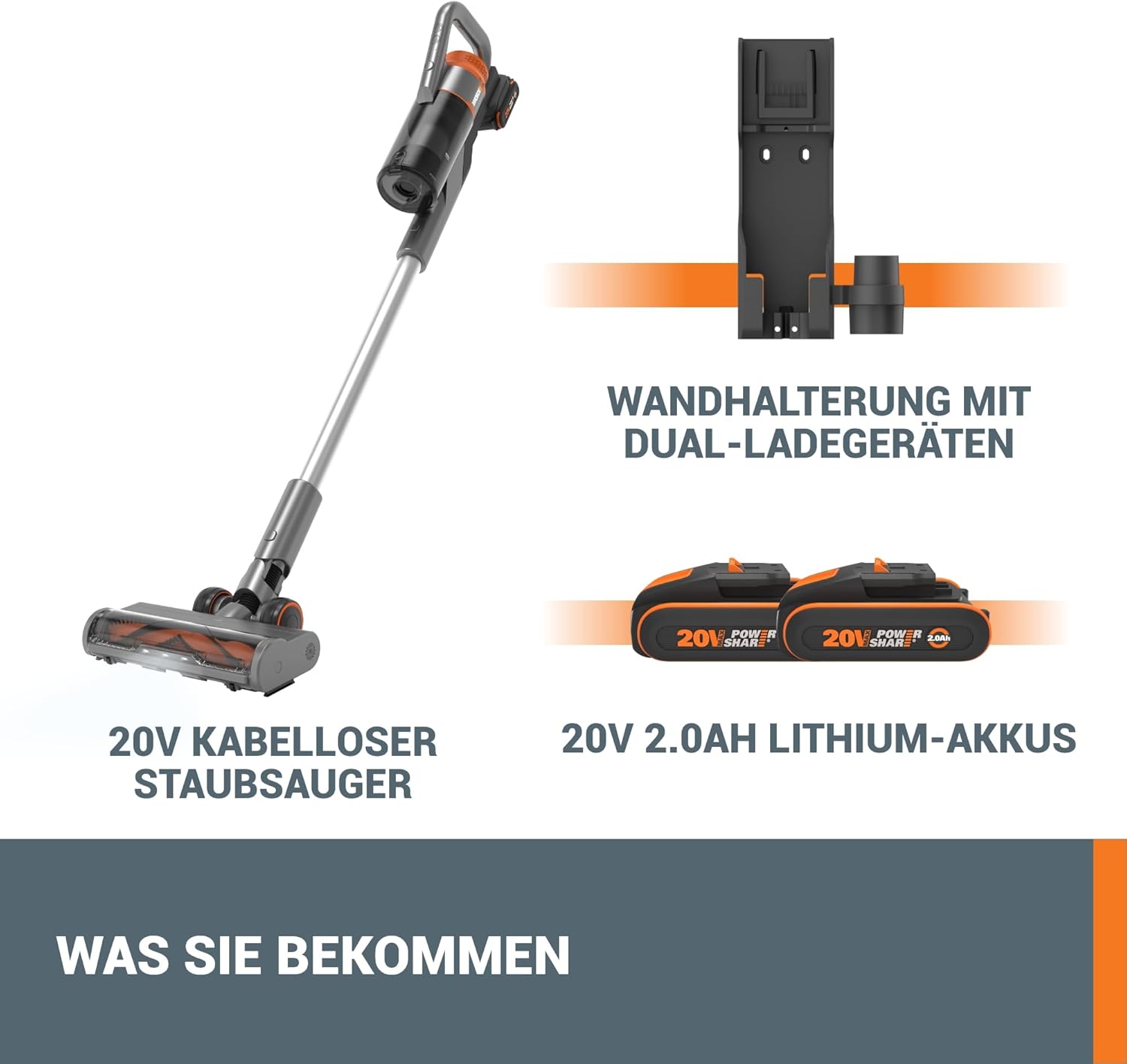 WORX 20V Akku Staubsauger WX038, 25Kpa Handstaubsauger kabellos, 45min Lange Laufzeit, leicht für Haustierhaare, Teppich, Auto - inkl. 2 Akkus und Wandhalterung Doppelladegerät