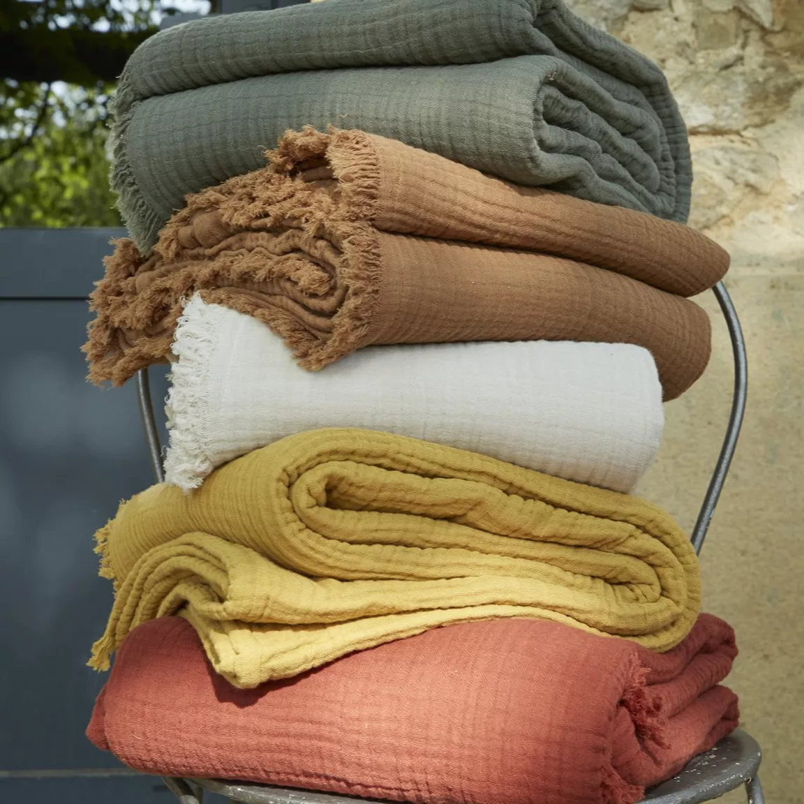 Plaid gaze de coton (130 x 160 cm) Gaïa Rose pêche