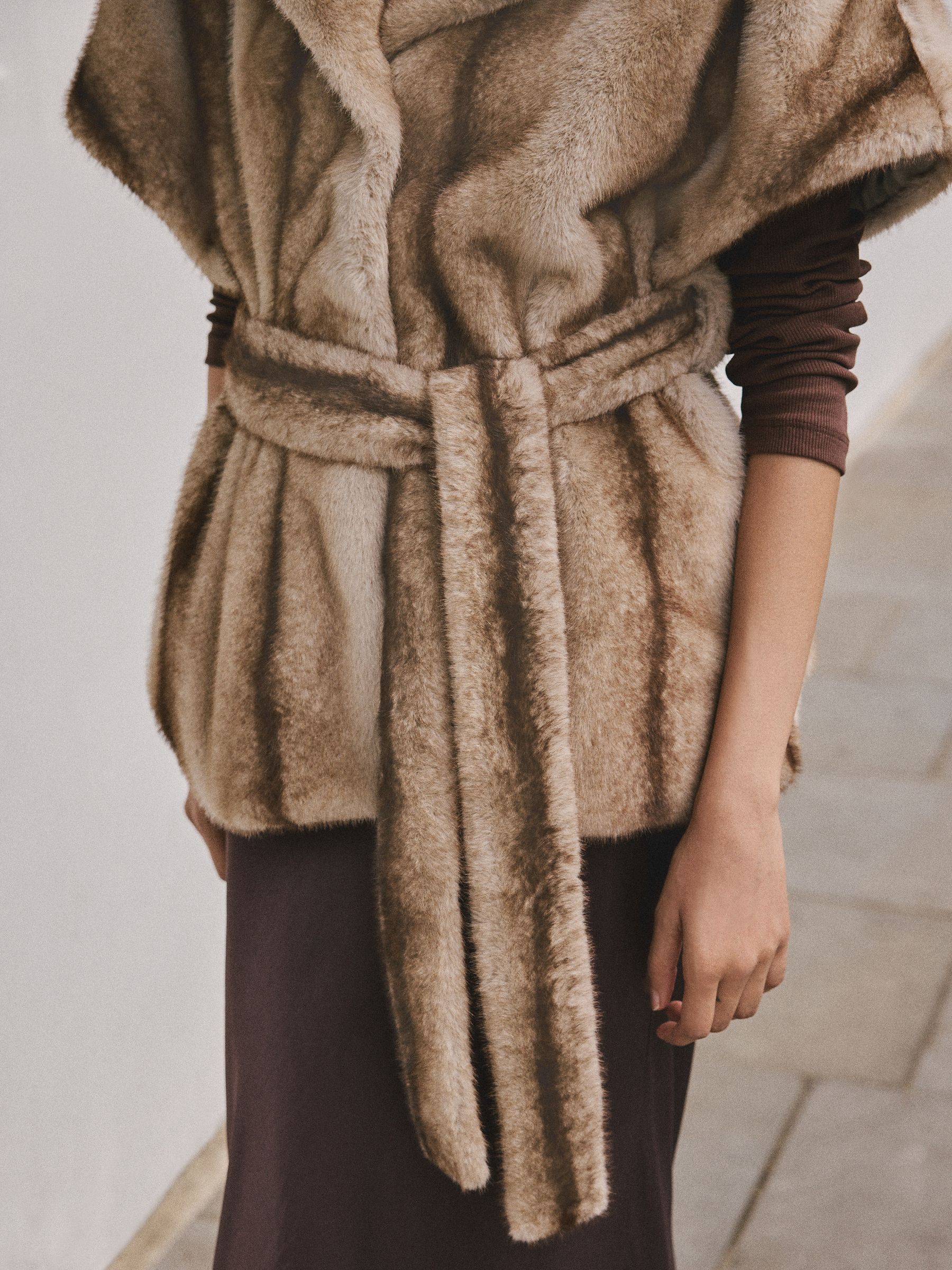 Camel - Faux Fur Tie Waisted Gilet