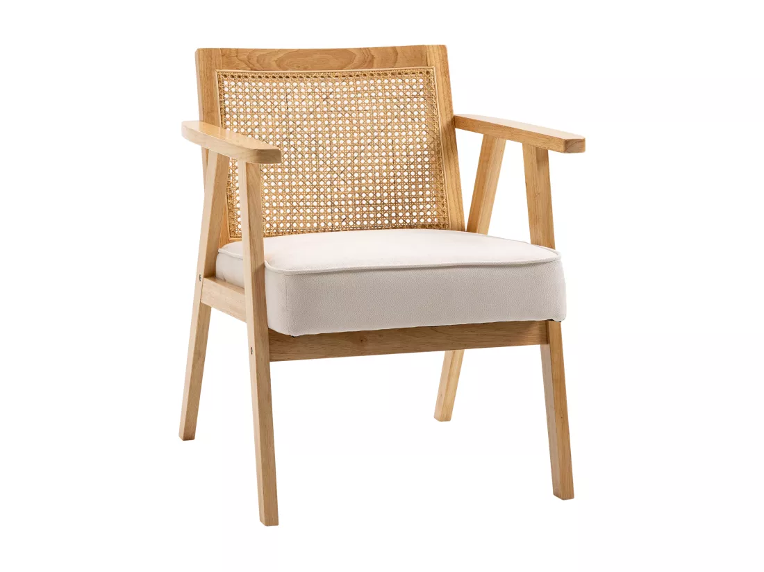 Fauteuil lounge avec coussin - dossier en cannage - assise profonde - accoudoirs - structure bois hévéa - aspect lin beige