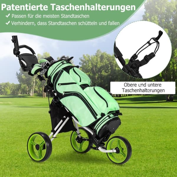3 hjuls golfvogn laget av aluminium med paraplyholder og sete sammenleggbar golfbil golf caddy green