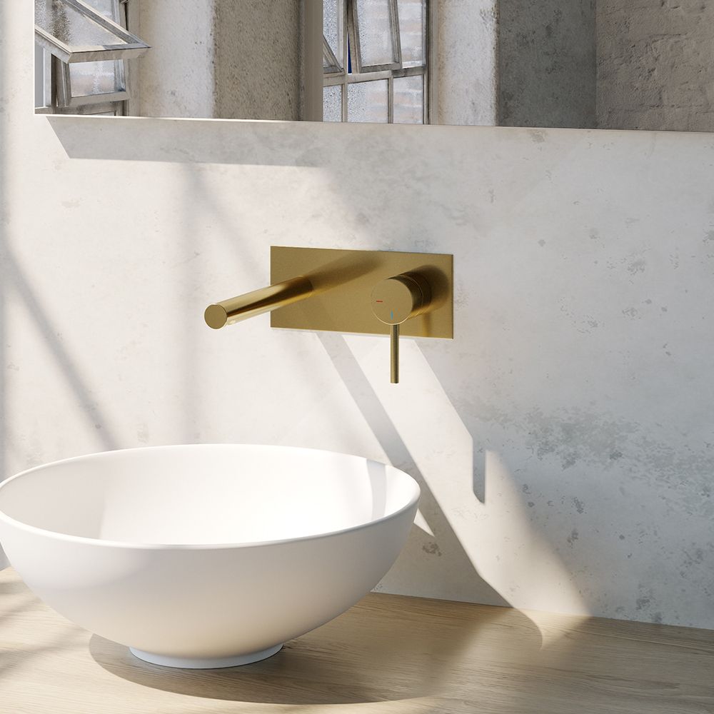 Brauer Gold Edition ColdStart wastafelkraan inbouw rechte uitloop met achterplaat model A1 geborsteld messing PVD