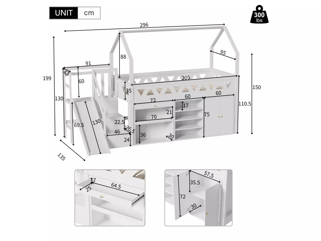 Lit mezzanine multifonctionnel en bois et MDF - 90x200 cm - avec toboggan, escalier et casiers - Blanc(sans matelas)