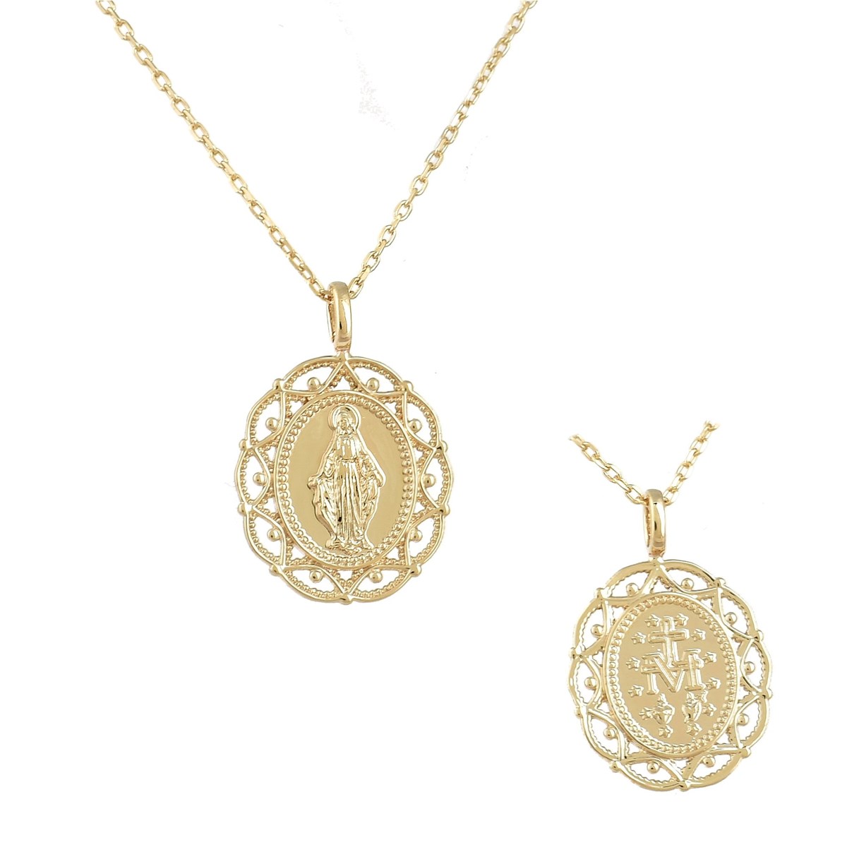 Collier médaille Vierge Miraculeuse contour ajouré motif arabesque Plaqué OR 750 3 microns