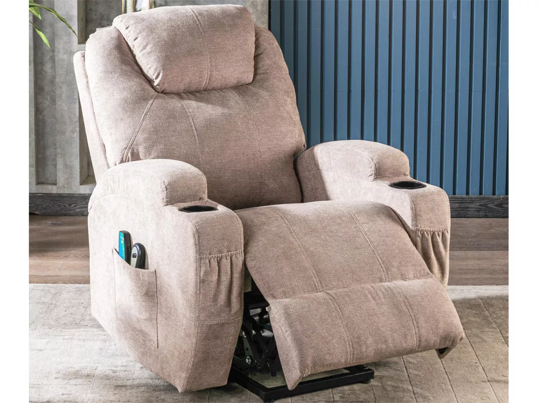 Fauteuil relax électrique avec fonctions de chauffage et de vibration - 2 porte-gobelets et poches latéralles - Gris clair