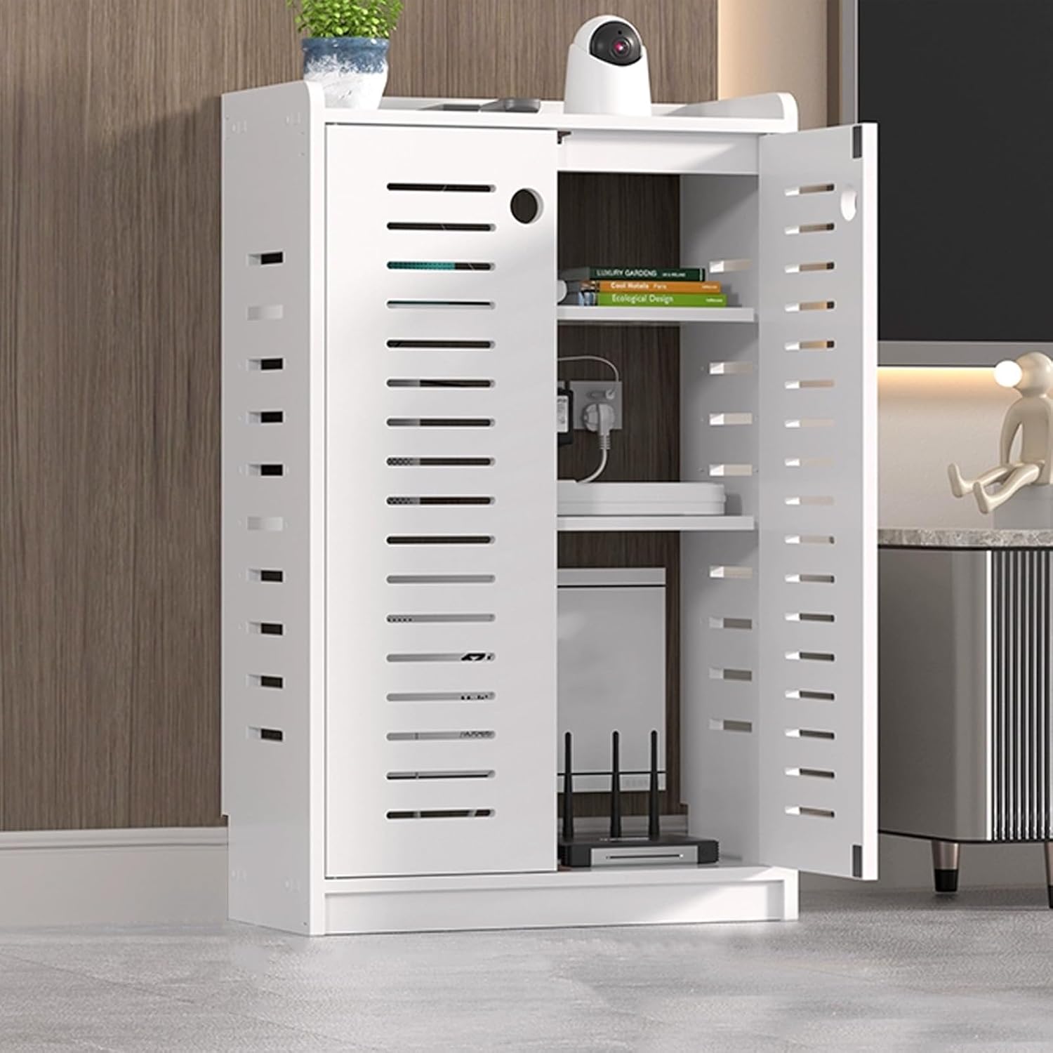 HARELA Versteckte WLAN-Router-Box, Heimmedien-Aufbewahrungsschrank, Modem Steckdosenleiste und Kabelmanagement-Organizer für Zuhause und Büro(White,50x80x25cm)