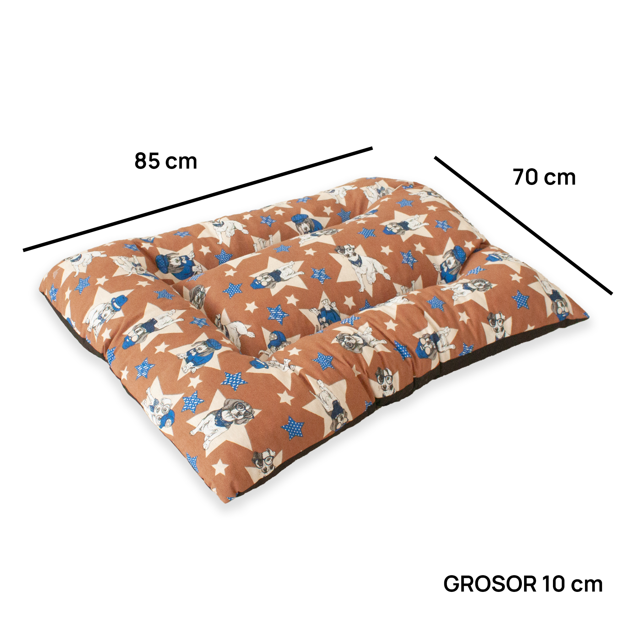 Almofada grande acolchoada para animais de estimação. Marrom com cachorrinhos e estrelas azuis. 85x70x10 cm