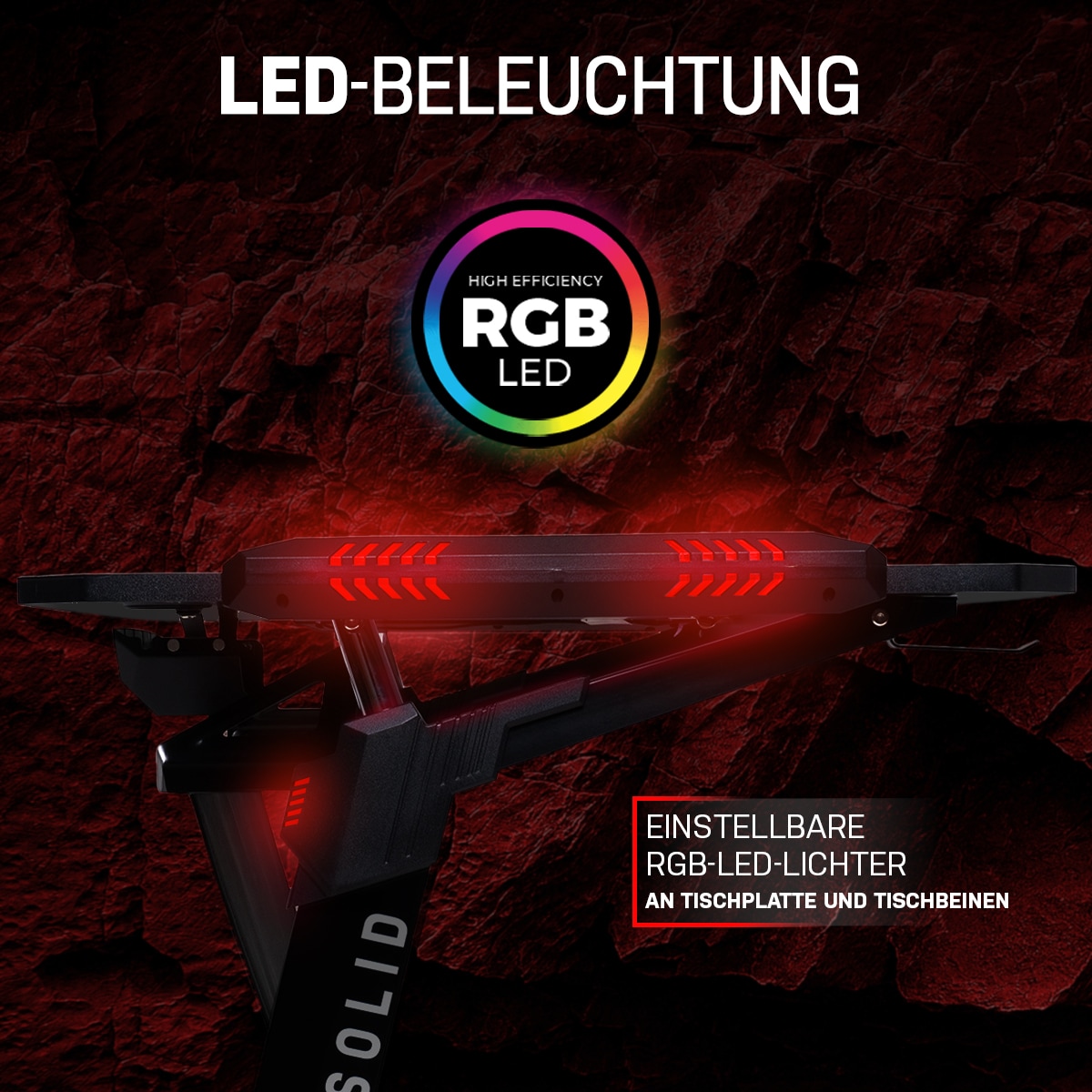 Elite Gaming-Tisch ROCKSOLID, Gamer-Schreibtisch, Carbon, LED-Beleuchtung, Kabel- und Headset-Halter (Schwarz)