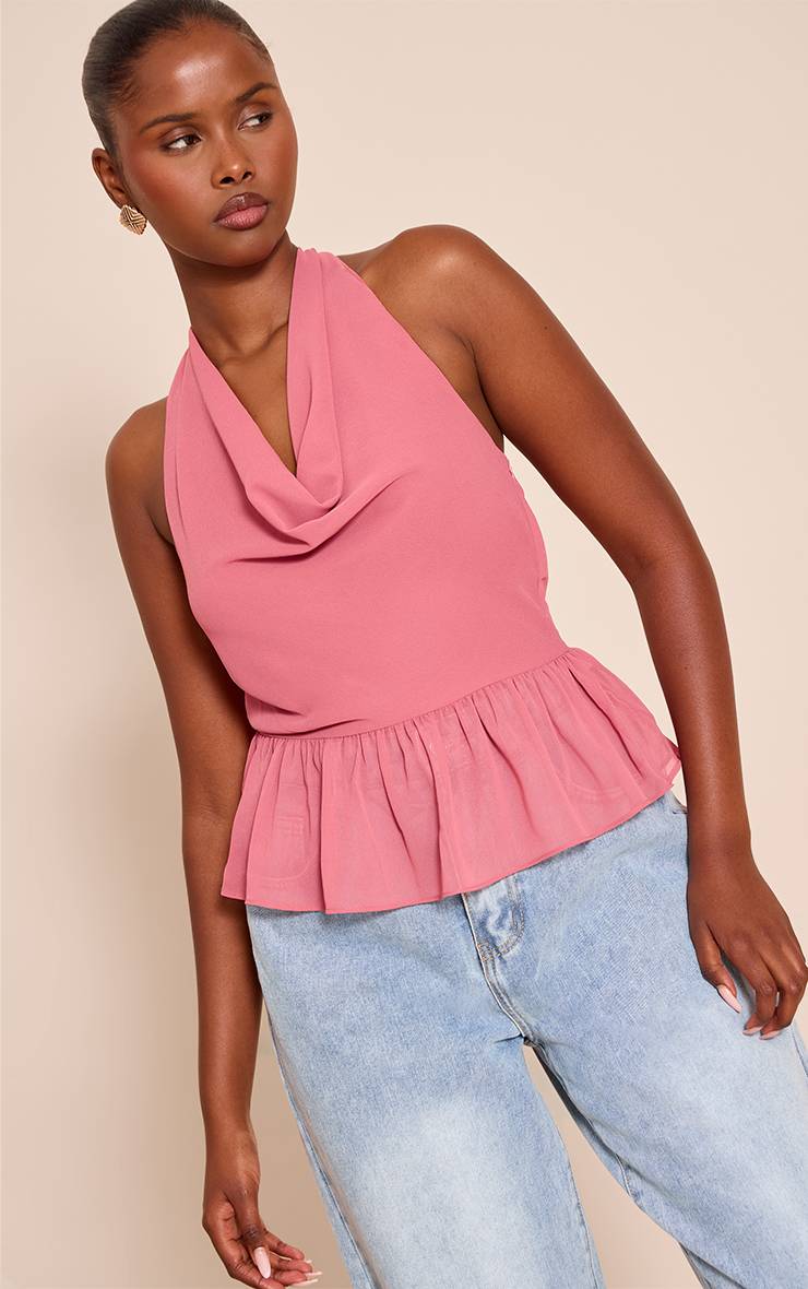 Blush Rose Top Col Bénitier À Encolure Dos-nu En Mousseline Avec Ourlet Péplum