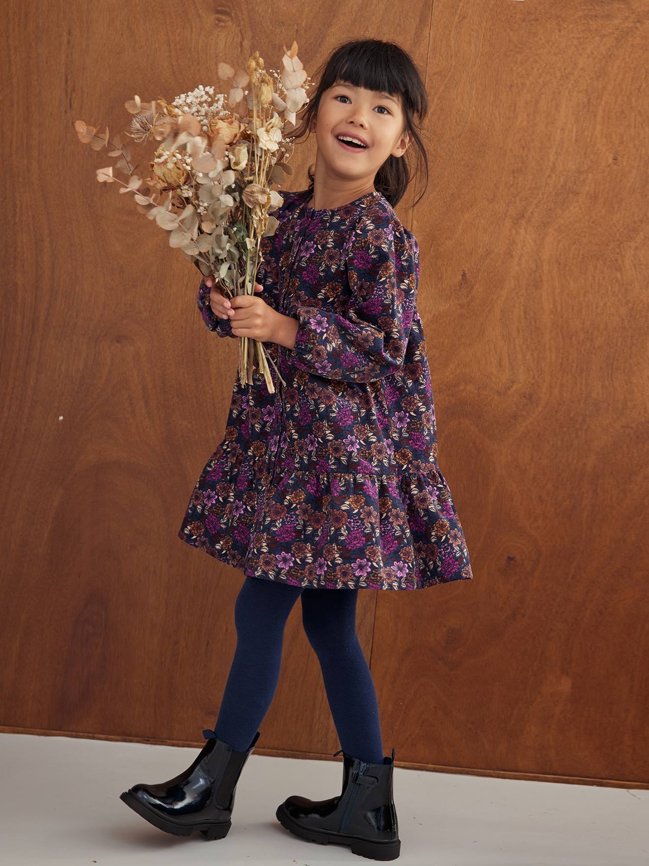 Vestido floral azul escuro de veludo cotelê para meninas