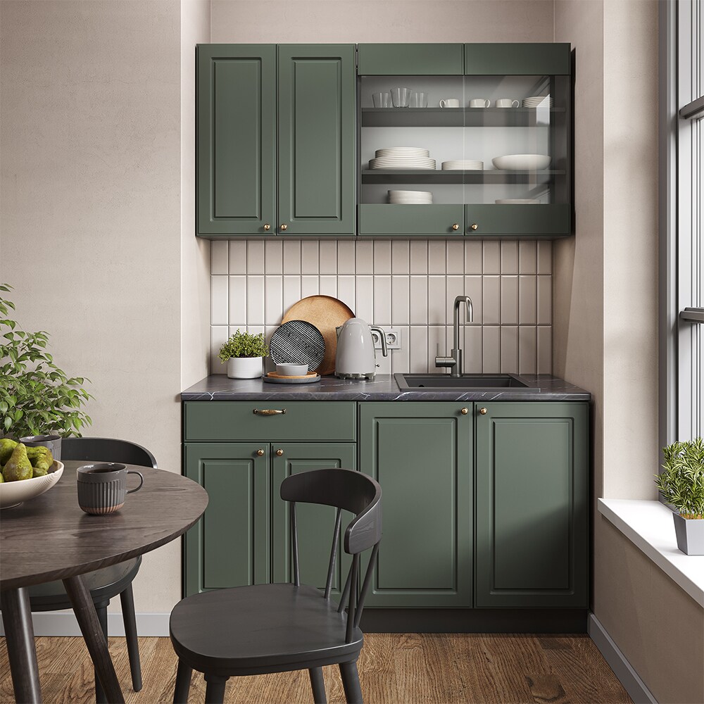 Vicco Küchenzeile Küchenblock Einbauküche Fame-Line Single Landhaus Anthrazit Grün Gold 140 cm modern Küchen Schränke Spülenunterschrank Schubunterschrank Hängeschrank Hängeglasschrank