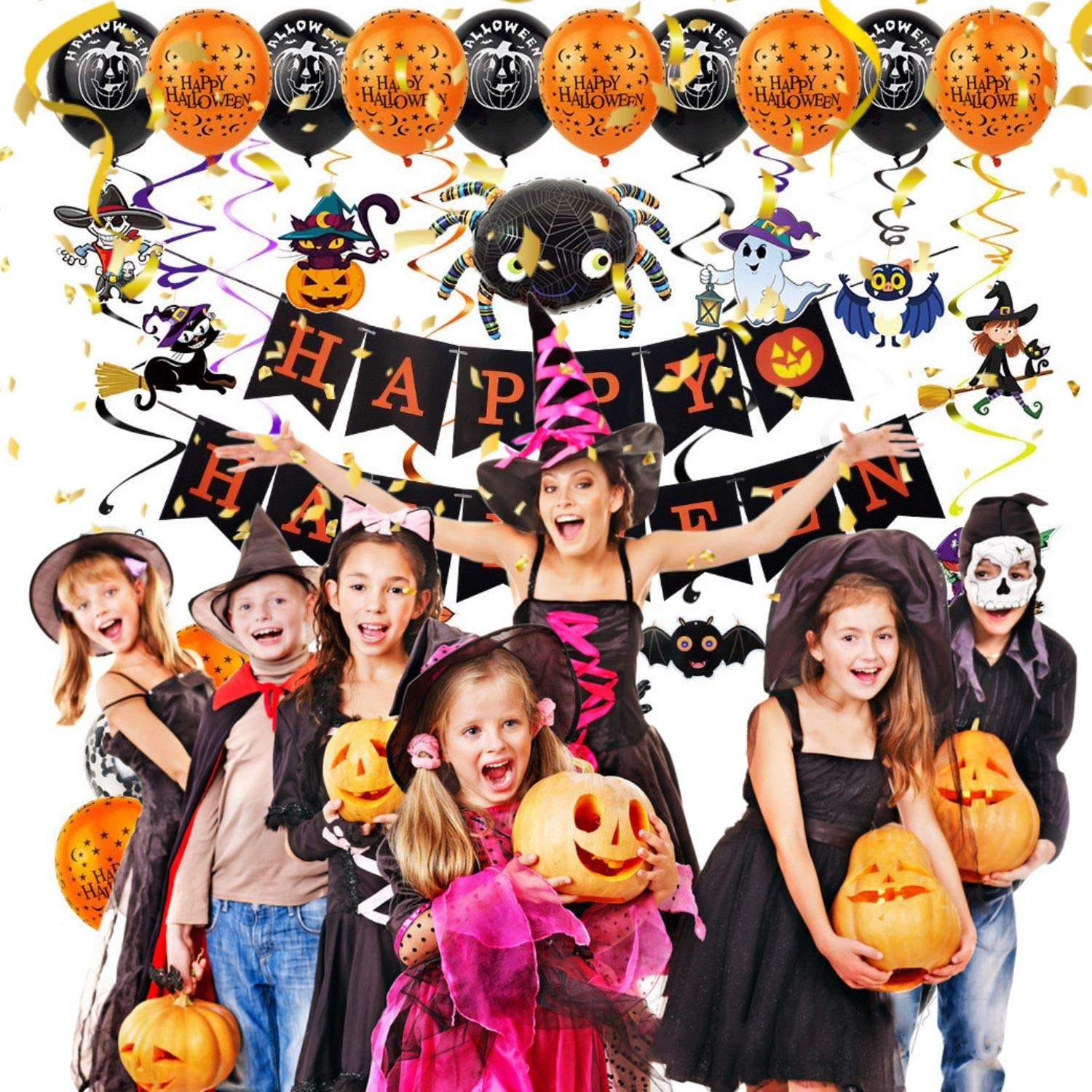 (61-tlg. Set) Happy Halloween Girlande Spinnen Folien Ballon Party Deko   Latex Luftballons / Spiral Girlande - Schwarz / Orange