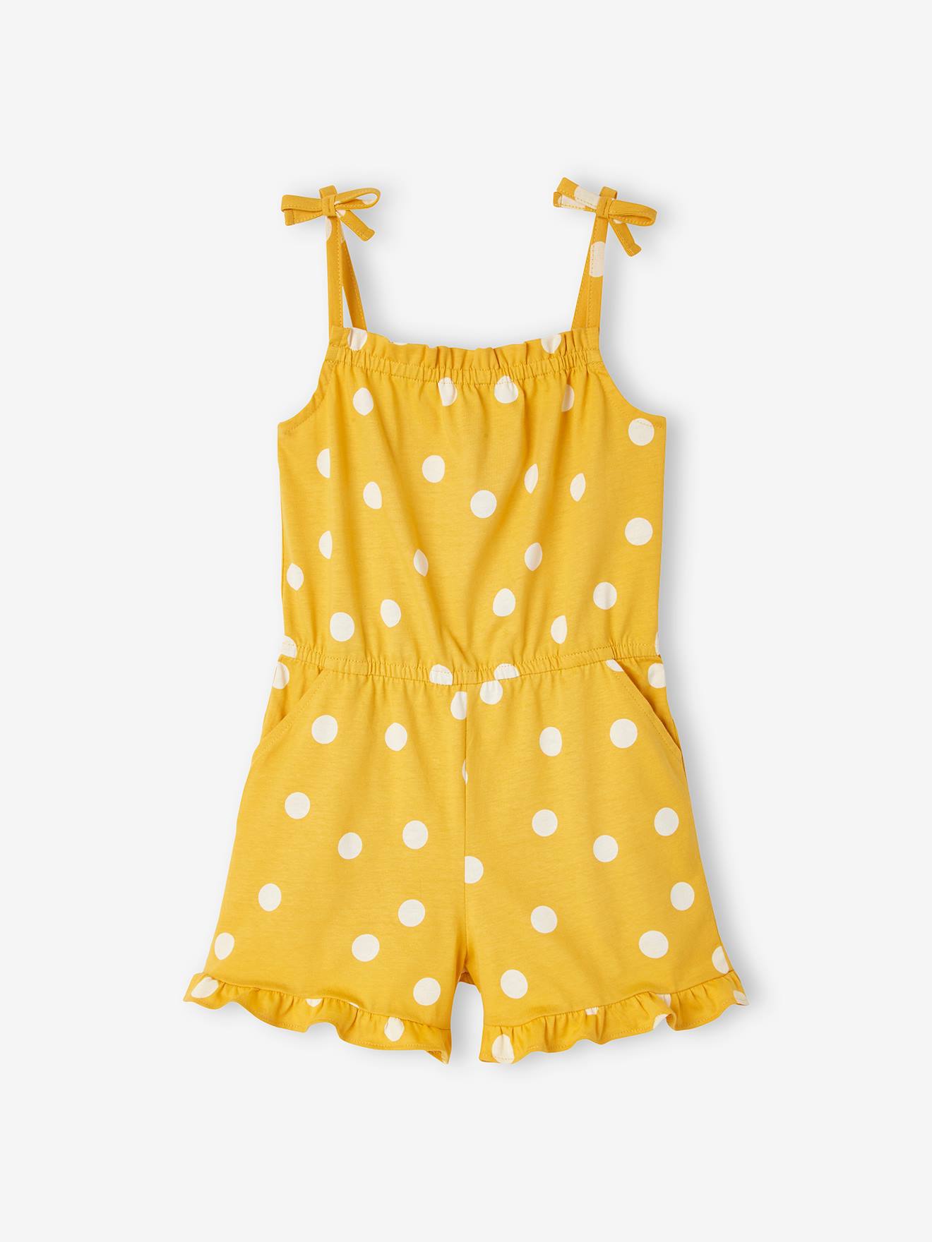 Macacão curto com alças e estampa exótica, para meninas, estampa amarelo escuro.