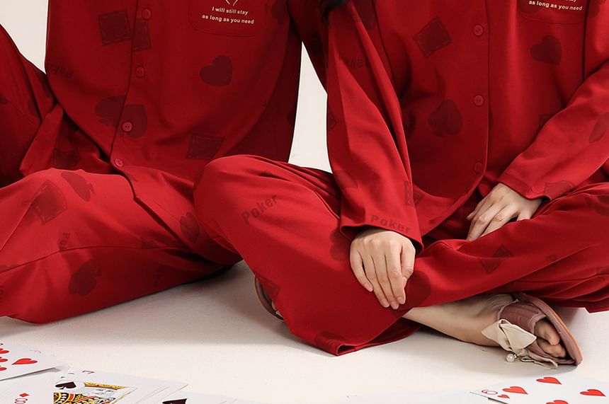 Jeony - Bijpassende pyjamaset voor koppels: shirt met lange mouwen en hartjesprint + rechte broek met elastische taille (verschillende ontwerpen)