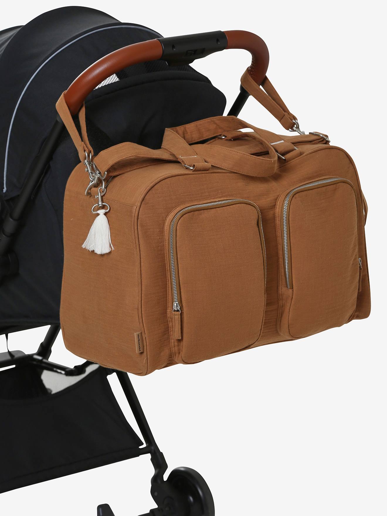 Bolsa de maternidade tamanho G em chiffon de algodão com vários bolsos, cor marrom claro lisa.