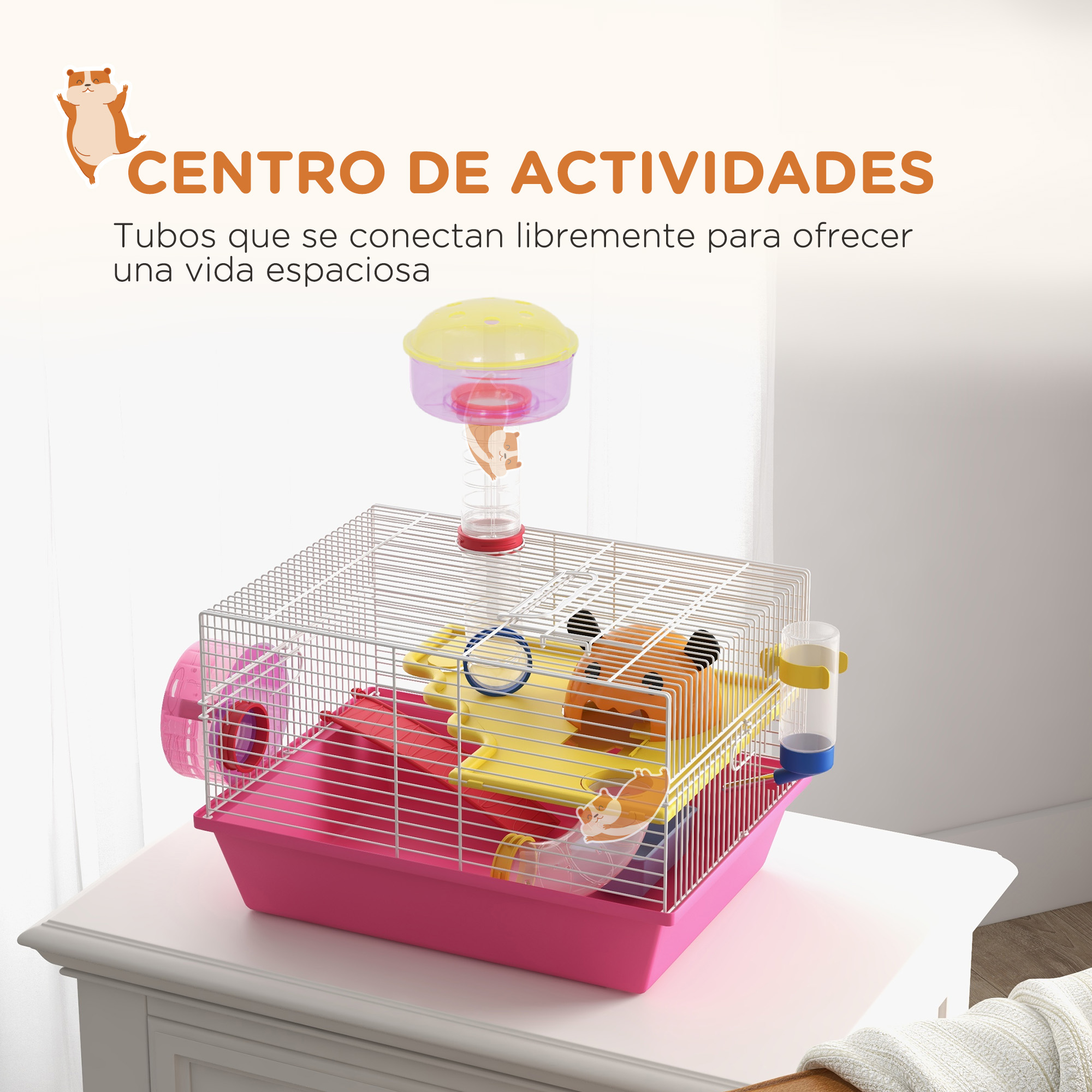 Gaiola PawHut para Hamster, Casinha para Pequenos Animais com Bebedouro, Roda de Exercícios, Torre de Observação e Casinha, 34x27x25 cm, Rosa