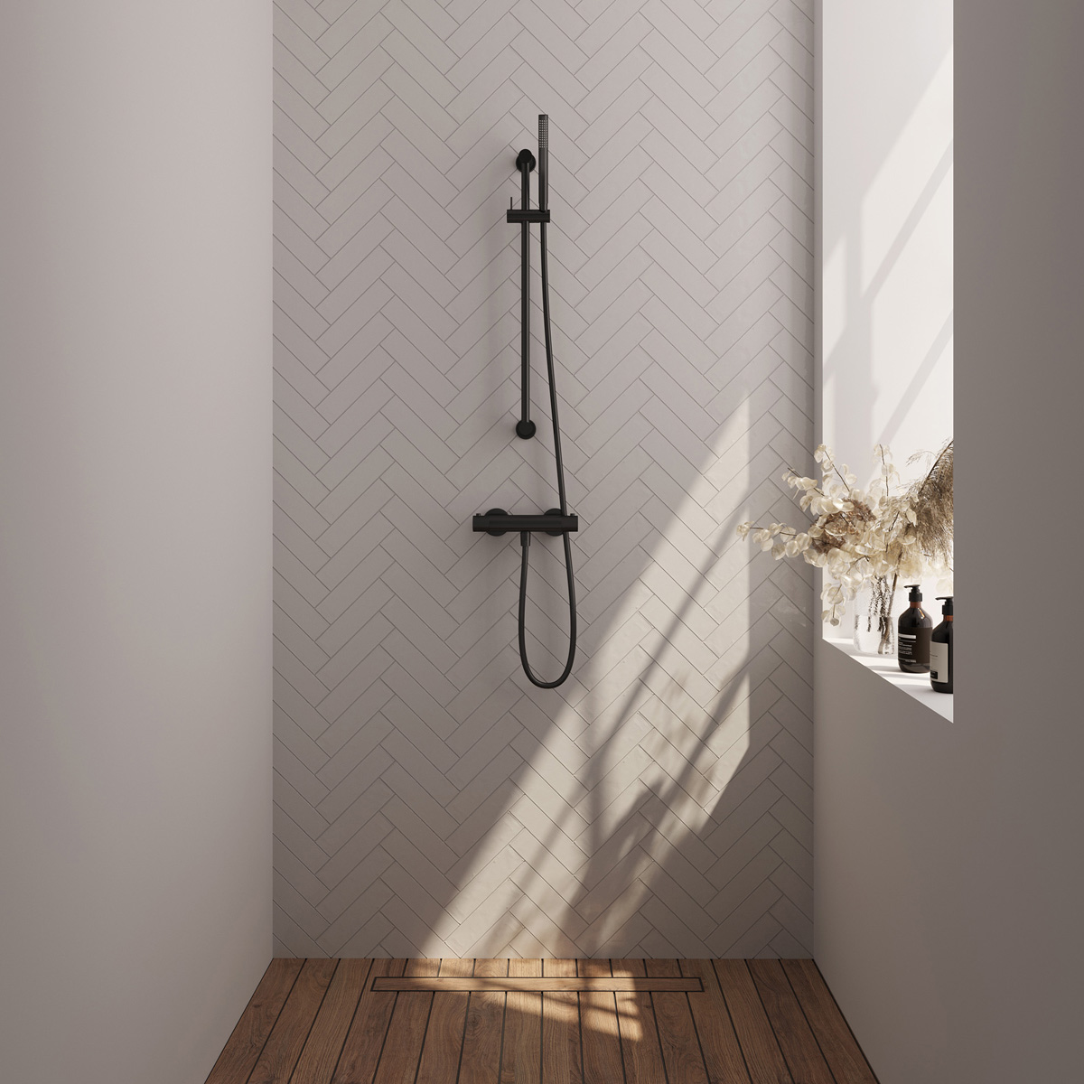 Brauer Stripe thermostatische douchekraan met glijstang en staafhanddouche zwart mat