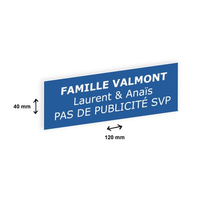Plaque boîte à lettres personnalisée avec votre texte - 120 x 40 mm - bleue - adhésivée prête à poser