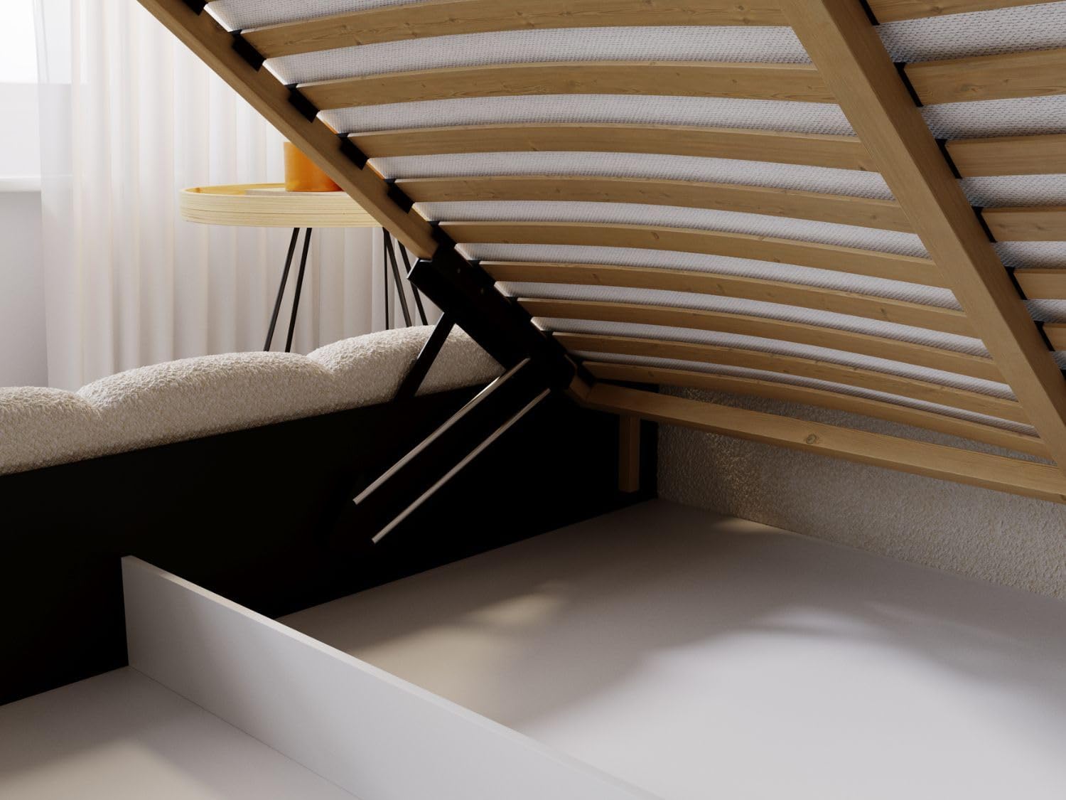 GRAINGOLD Cloud Bett 160x200, Polsterbett mit Bettkasten, Polsterbett mit Stauraum, Bouclé-Stoff, mit Lattenrost, mit Kopfteil, ohne Matratze (Beige, 160x200)