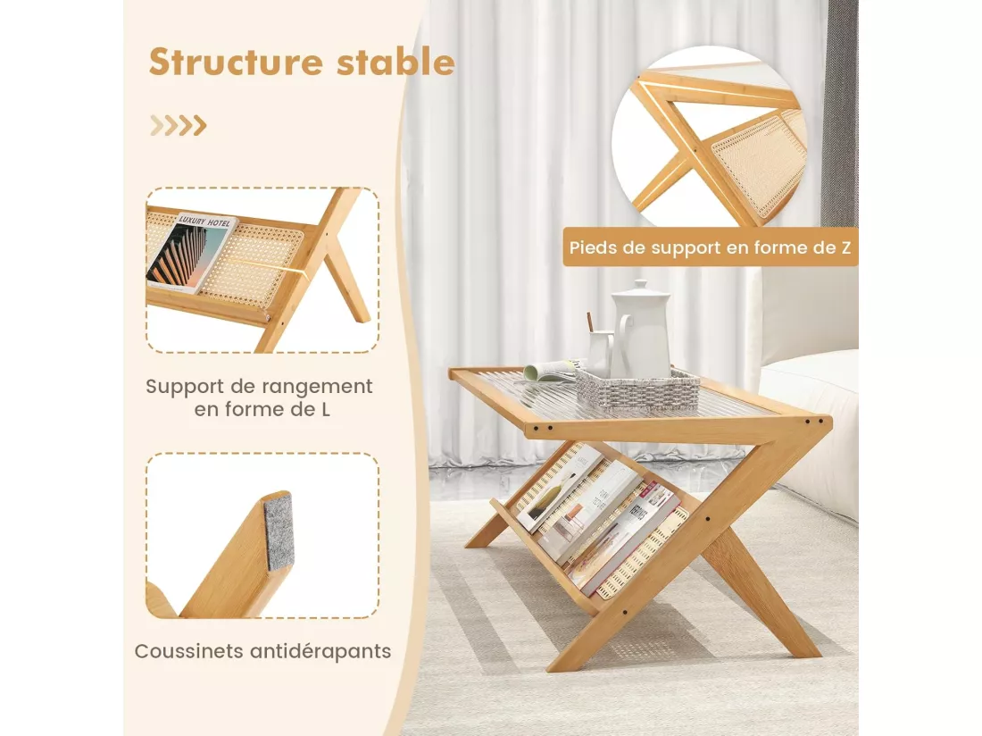 Table basse, table salon 120 cm en bambou avec plateau en verre trempé, style bohême