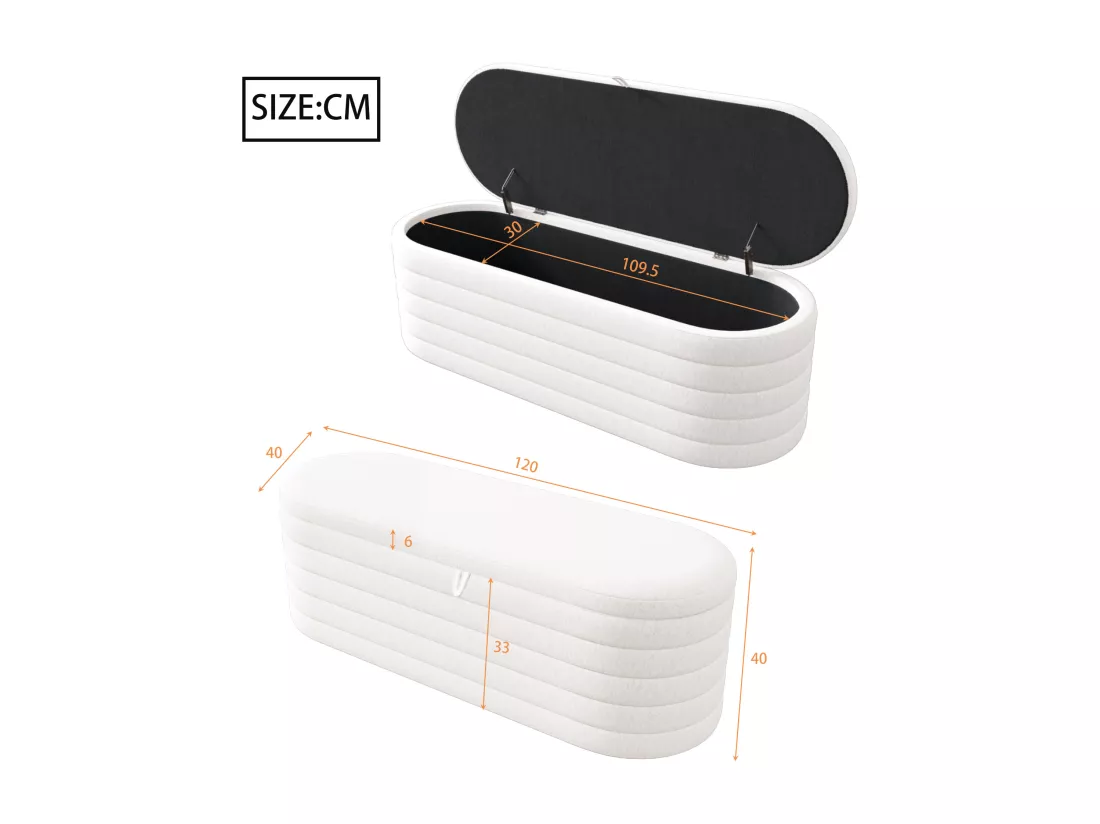 Banc de rangement 120x40x40 cm - en tissu peluche - Blanc