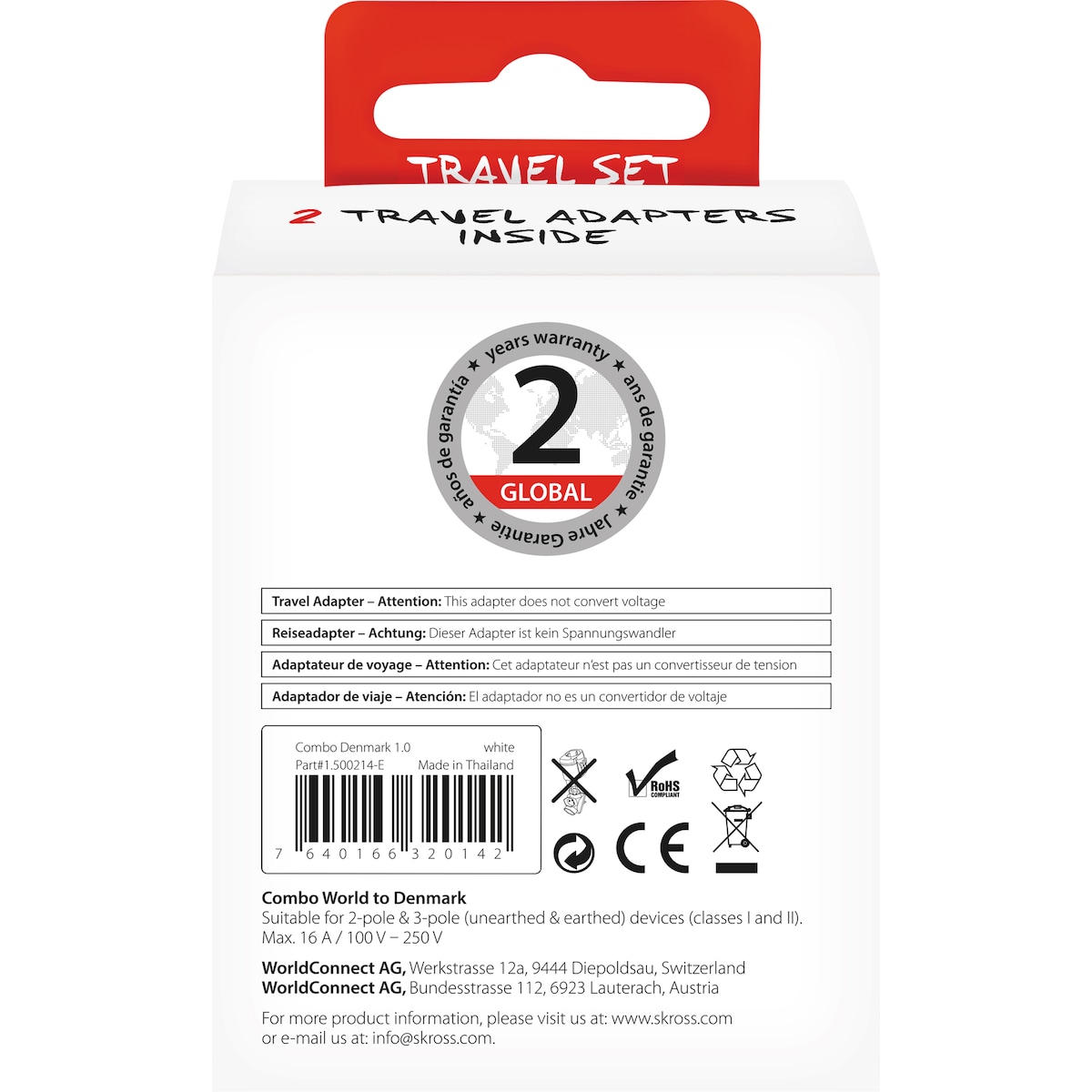SKross Travel Adapter Combo - World-to-Denmark Earthed