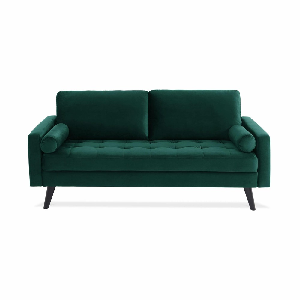 Canapé en velours vert anglais. 3 places scandinave fixe. Droit. Pieds bois noir
