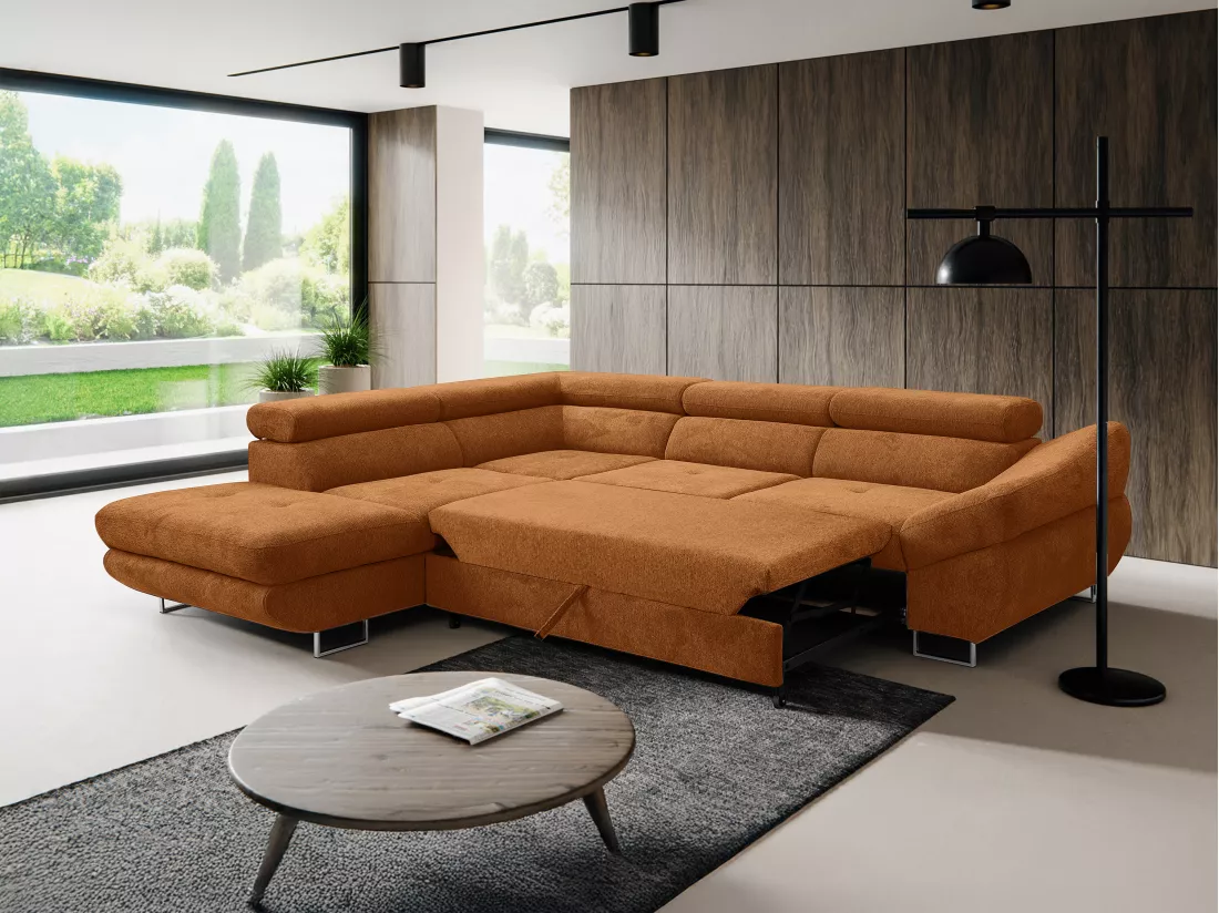 Canapé d'angle gauche convertible en tissu texturé terracotta DALIAS
