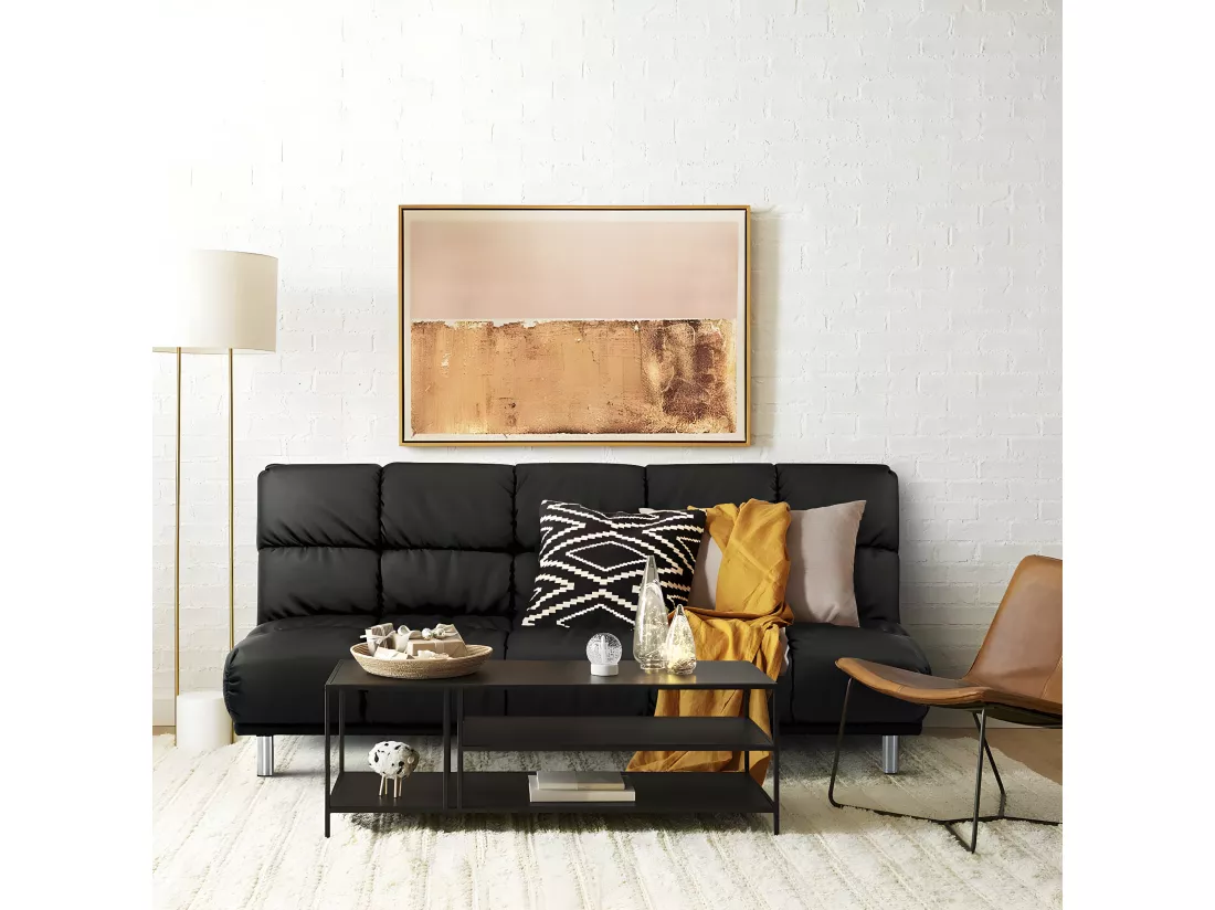 Canapé-lit clic-clac 3 places pour couchage d’appoint taille 120 x 191 cm en finition PU noir et pieds en acier inoxydable finition chromée - MELLOW