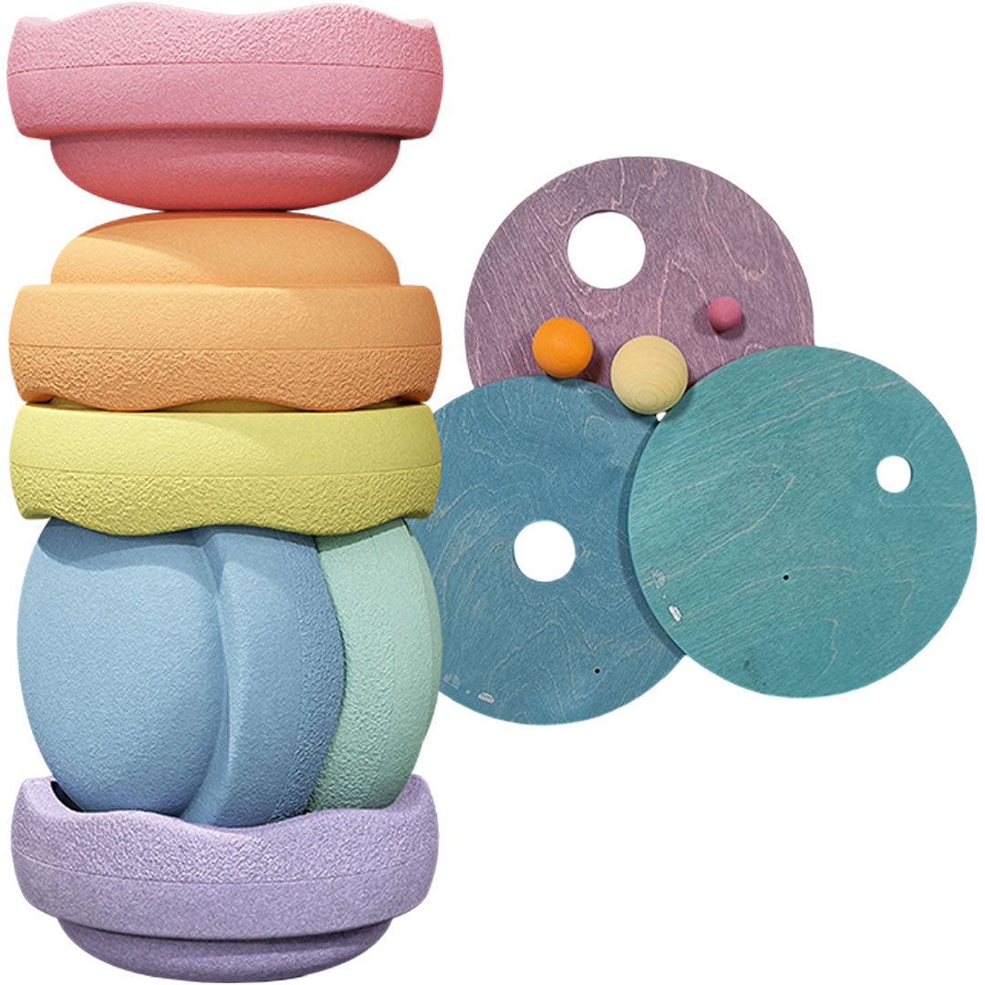 Stapelstein original rainbow pastel met rolling discs - 6st   3st