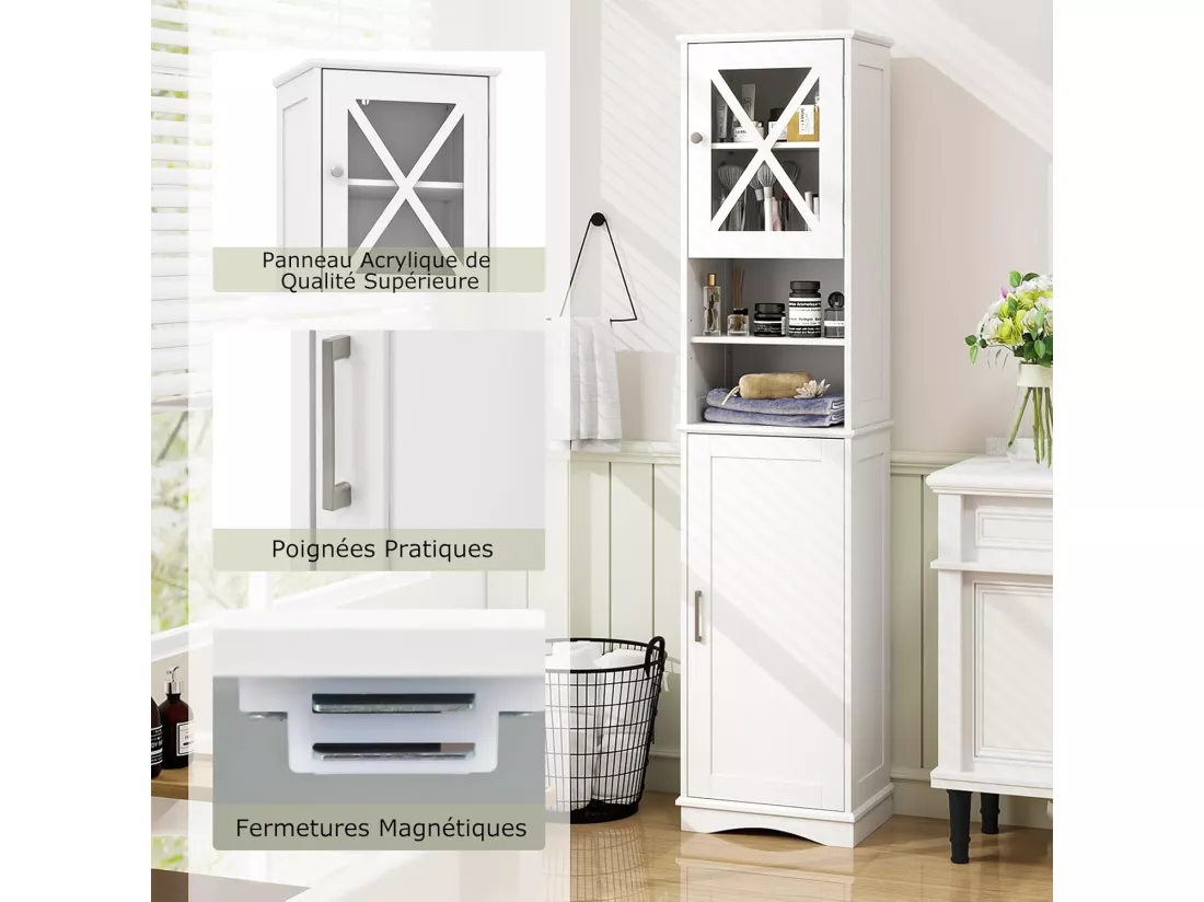 Armoire de Salle de Bain de 170 cm de Hauteur, Meuble de Rangement, Colonne, 5 Étagères Réglables, Placards à Porte, 2 Compartiments, Gain de Place, 30 x 40 x 170 cm, Blanc