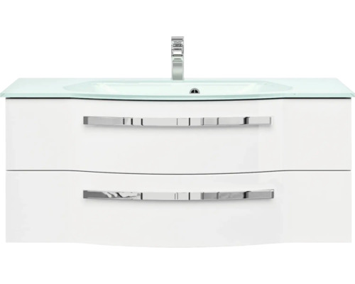 3-delige badkamermeubelset Pelipal xpressline 4005 BxHxD 120 x 200 x 49,1 cm, fronten hoogglans wit, met witte glazen wastafel en glazen wastafelmeubel, wastafelkast, spiegelkast met LED-verlichting, verchroomde grepen, 992.1200111 9921200111