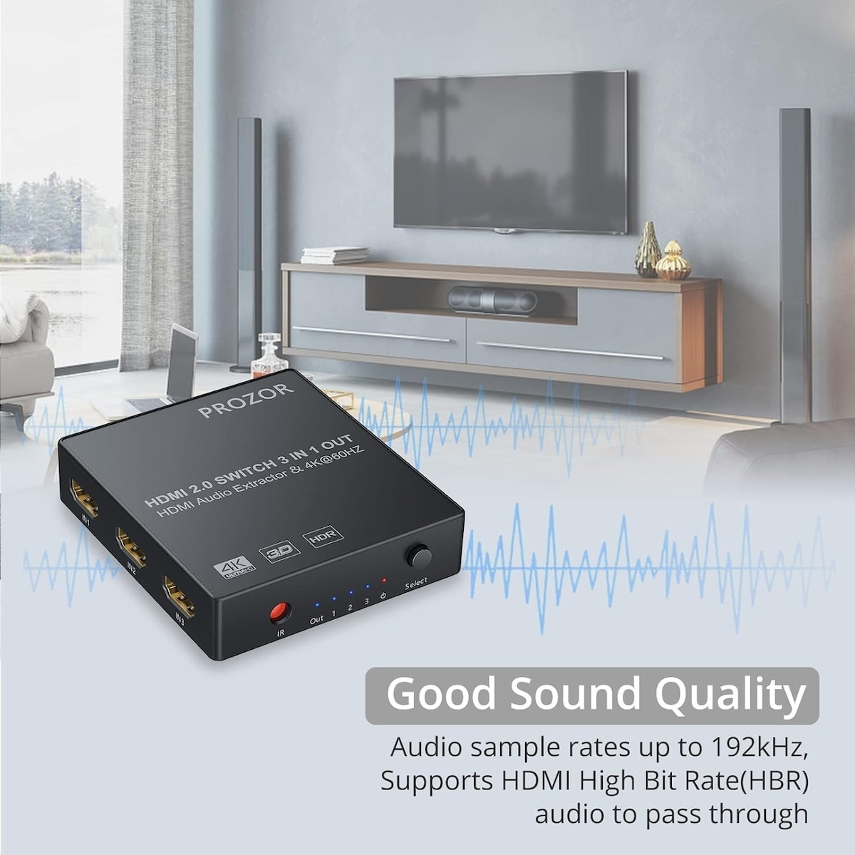 NÖRDIC HDMI-svitsj 3 til 1 4K30Hz 3D PIP med lydavtrekk 1xOptisk toslink 1x stereo 3,5mm