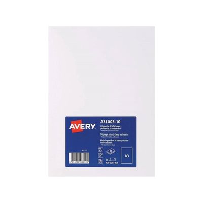 Avery - 10 Étiquettes amovibles transparentes - A3 - Impression laser - réf A3L003-10