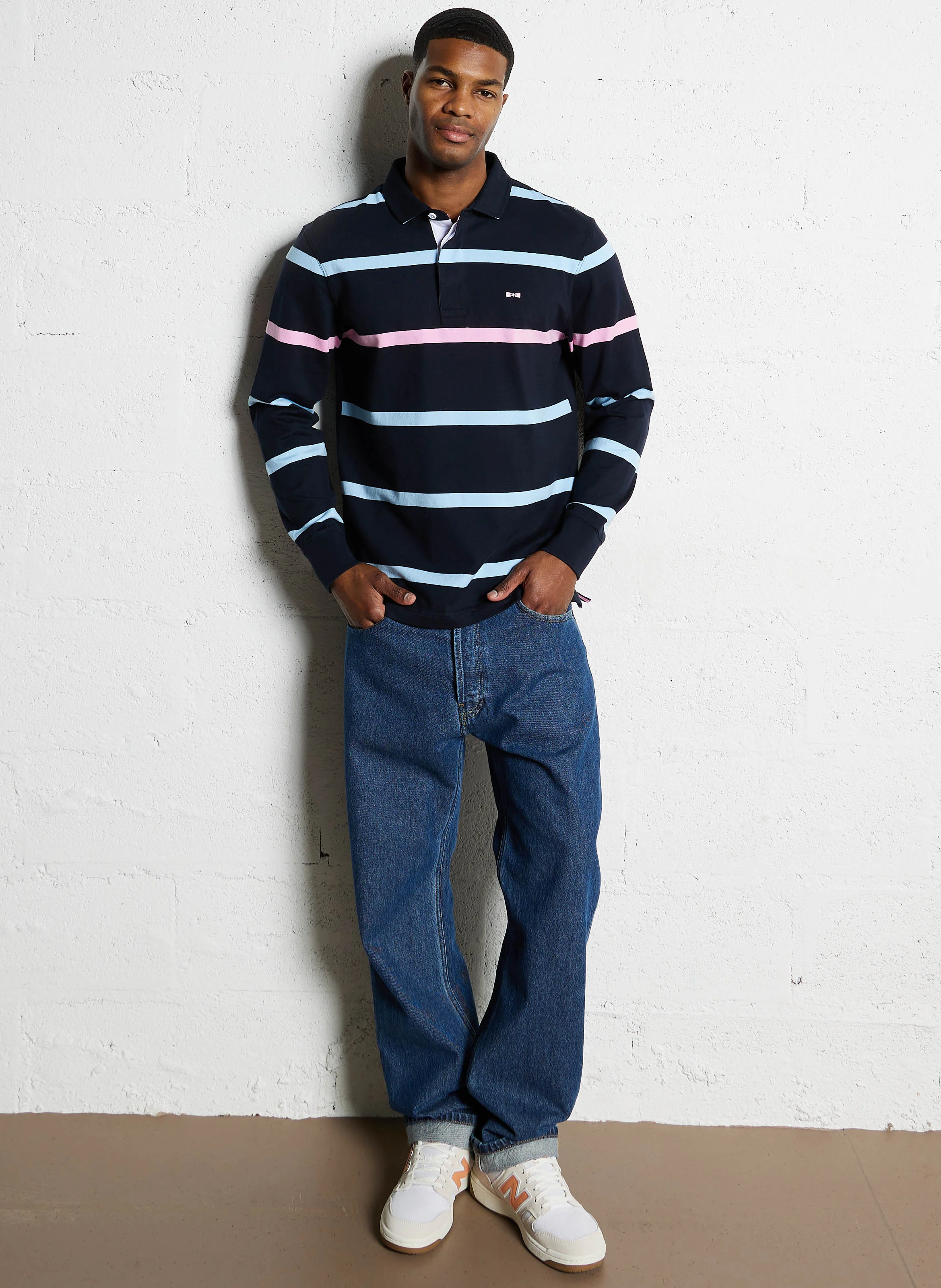 Polo manches longues rayé en coton | Bleu