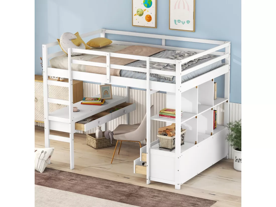 Lit mezzanine 140x200cm pour enfant - lit surélevé avec tiroirs de rangement, bureau et bibliothèque de rangement sous le lit - blanc