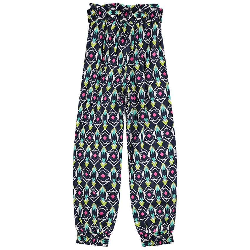 Pantalon fluide imprimé aztèque avec ceinture à nouer pour fille - Bleu marine