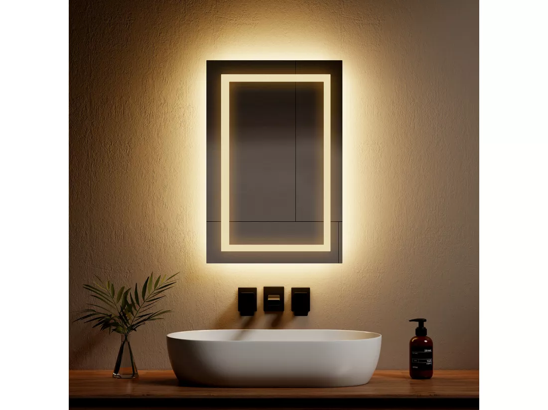 EMKE Miroir lumineux salle de bain 60x45cm, Miroir LED avec Interrupteur à bouton, Anti-buée, Miroir avec éclairage lumière Blanche Froide/Chaude