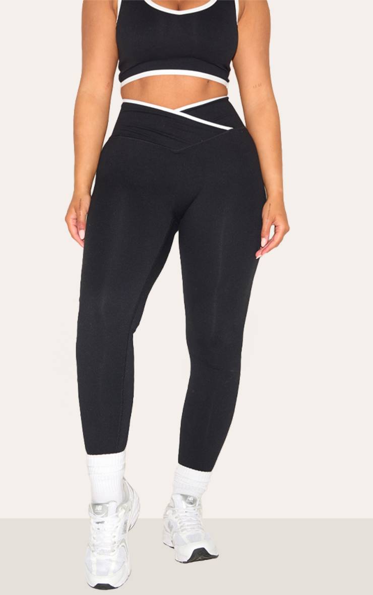 Noir Legging Sculptant À Ceinture Croisée Avec Bordures Contrastées