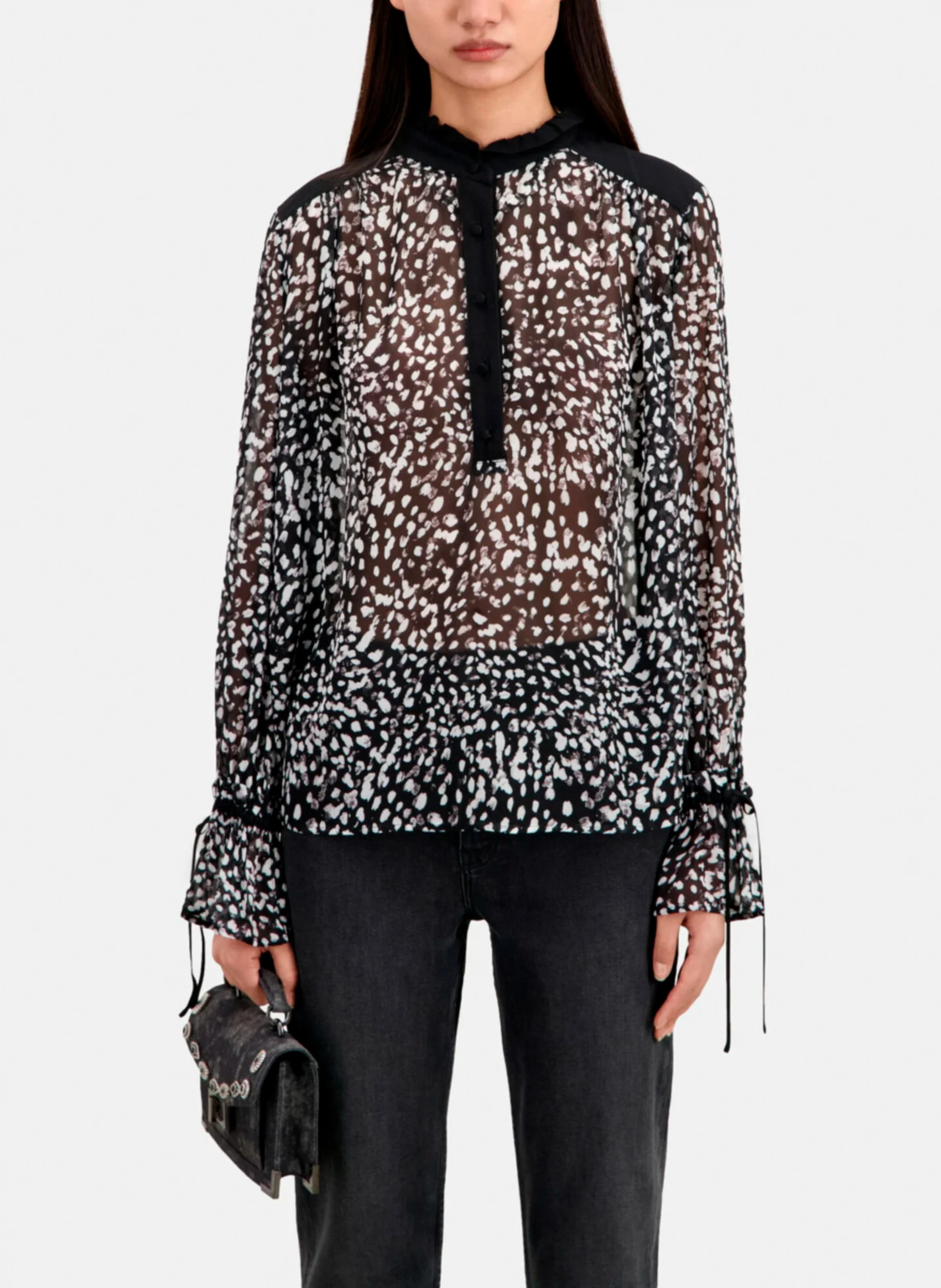 Blouse col montant imprimée| Noir