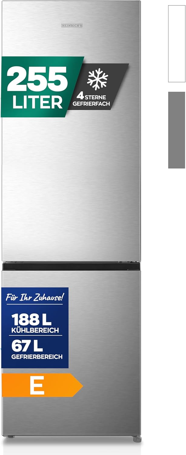 Heinrich´s Kühlgefrierkombination 255Liter, Kühlvolumen 188L, Gefrierfach 67L,LED Innenraumbeleuchtung, Kühlschrank Türanschlag wechselbar, leise 40dB,NO FROST, 6 Temperaturstufen,inox