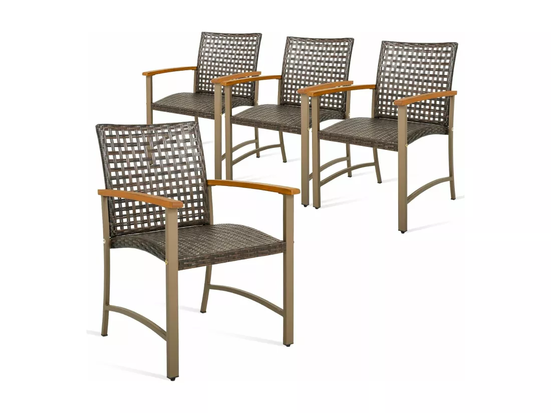 Lot de 4 Chaises de Jardin Empliables en Rotin, Fauteuil d'Extérieur avec Accoudoirs en Bois d'Acacia et Structure Métallique Robuste, pour Balcon, Cour, Bord de Piscine, Charge 180 KG