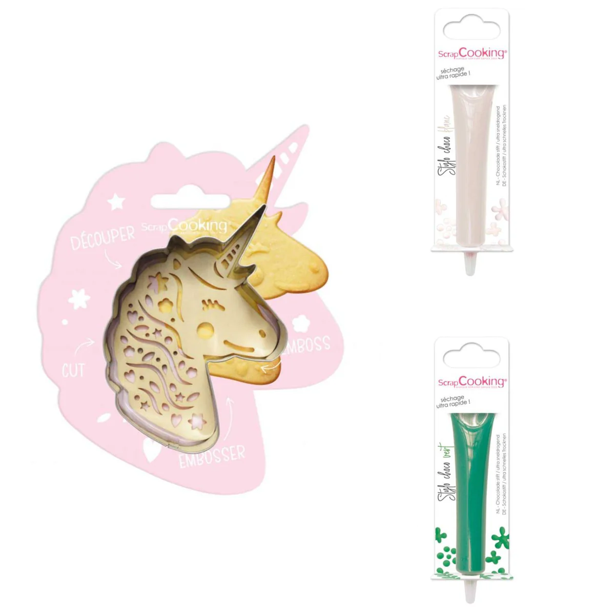 Kit pour biscuit en relief Licorne + 2 Stylos au chocolat blanc et ver