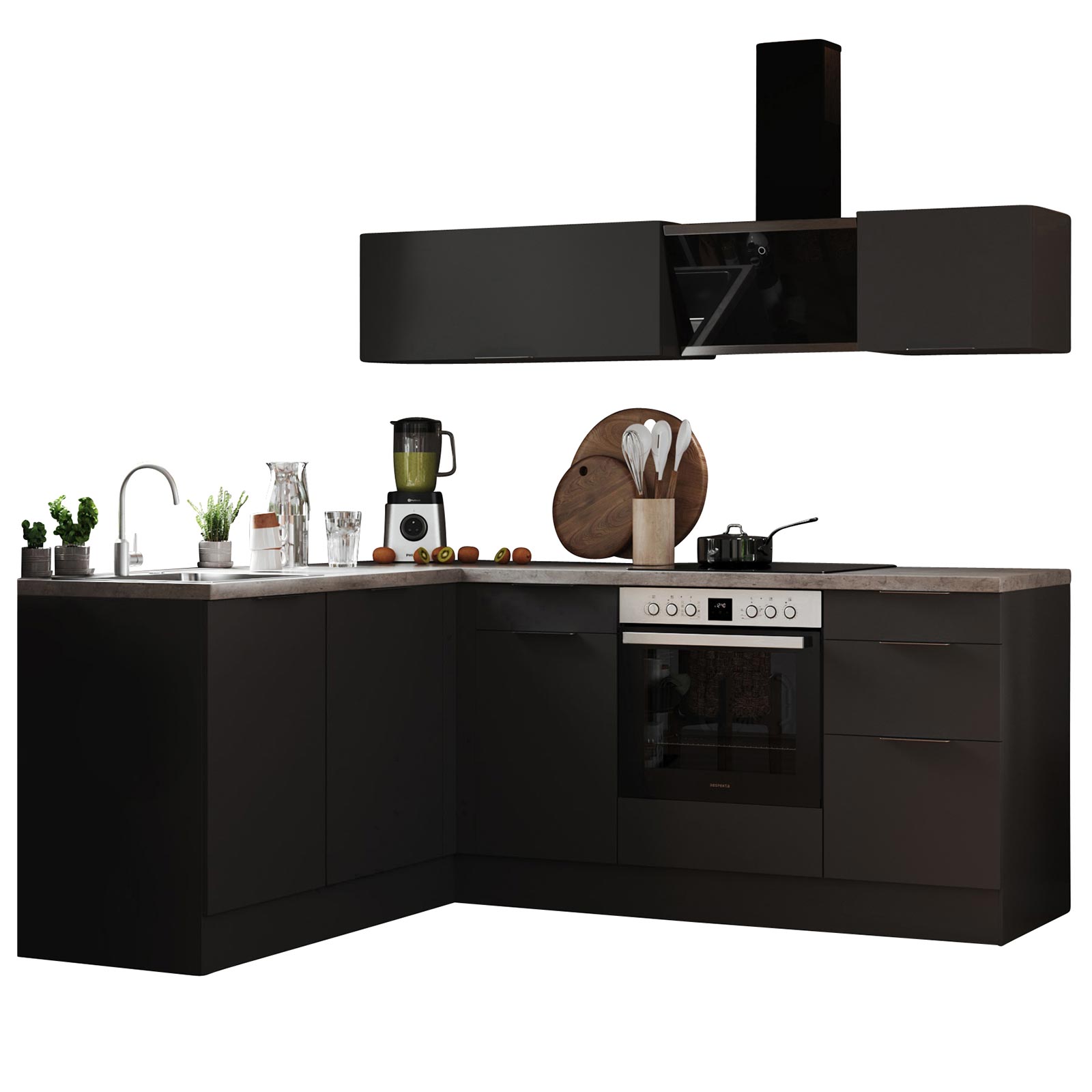 RESPEKTA Winkelküche - grau matt - mit E-Geräten - 220 cm
