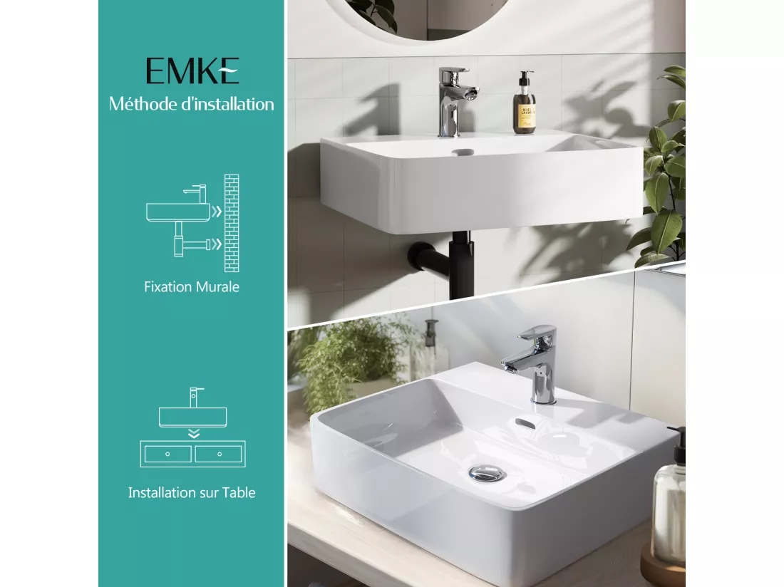 EMKE Vasque à Poser en céramique 41,5×42,5×12,5cm, Lavabo rectangulaire avec robinet trou prépercé, Lavabo à poser blanc brillant