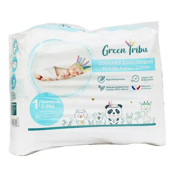 Fraldas ecológicas Green Tribu, tamanho 1 (2-5 kg), 30 unidades.