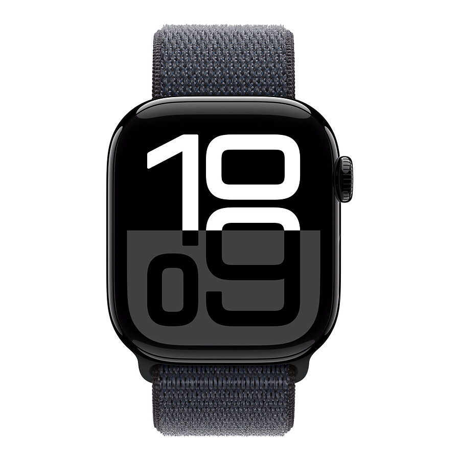 Apple Watch Series 10 GPS - Aluminium Noir - Bracelet Sport Textile Encre Violette - 42 mm