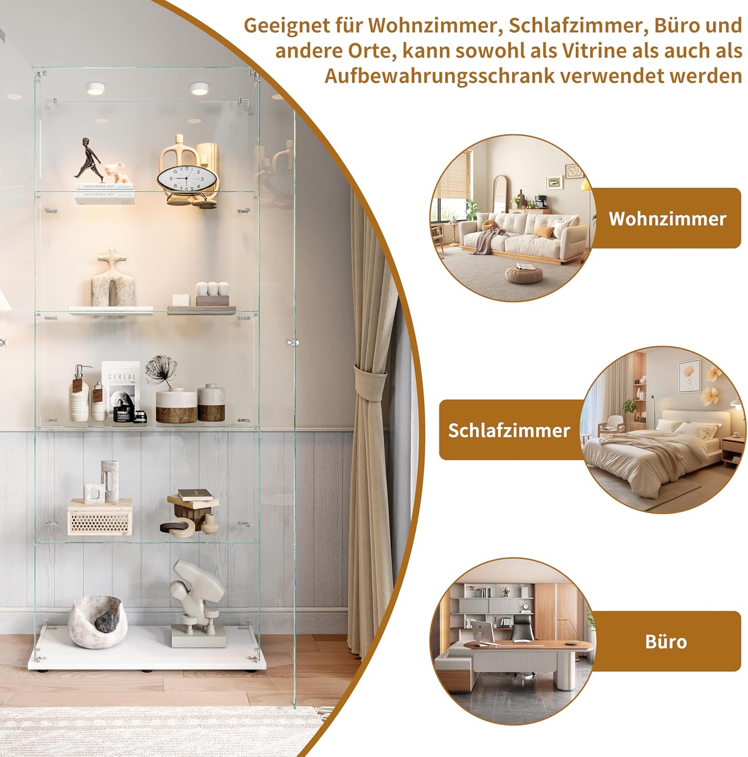 Glasvitrine Standvitrine,Glasvitrine Stehend mit Led,5 Lagen Glas Holz Glas Vitrine Vitrinenschrank 2 TüR und Schloss Vitrine Glasschrank Display Cabinet Sammlervitrine (Weiß, 5 Etagen 2 Tür+LED-1)